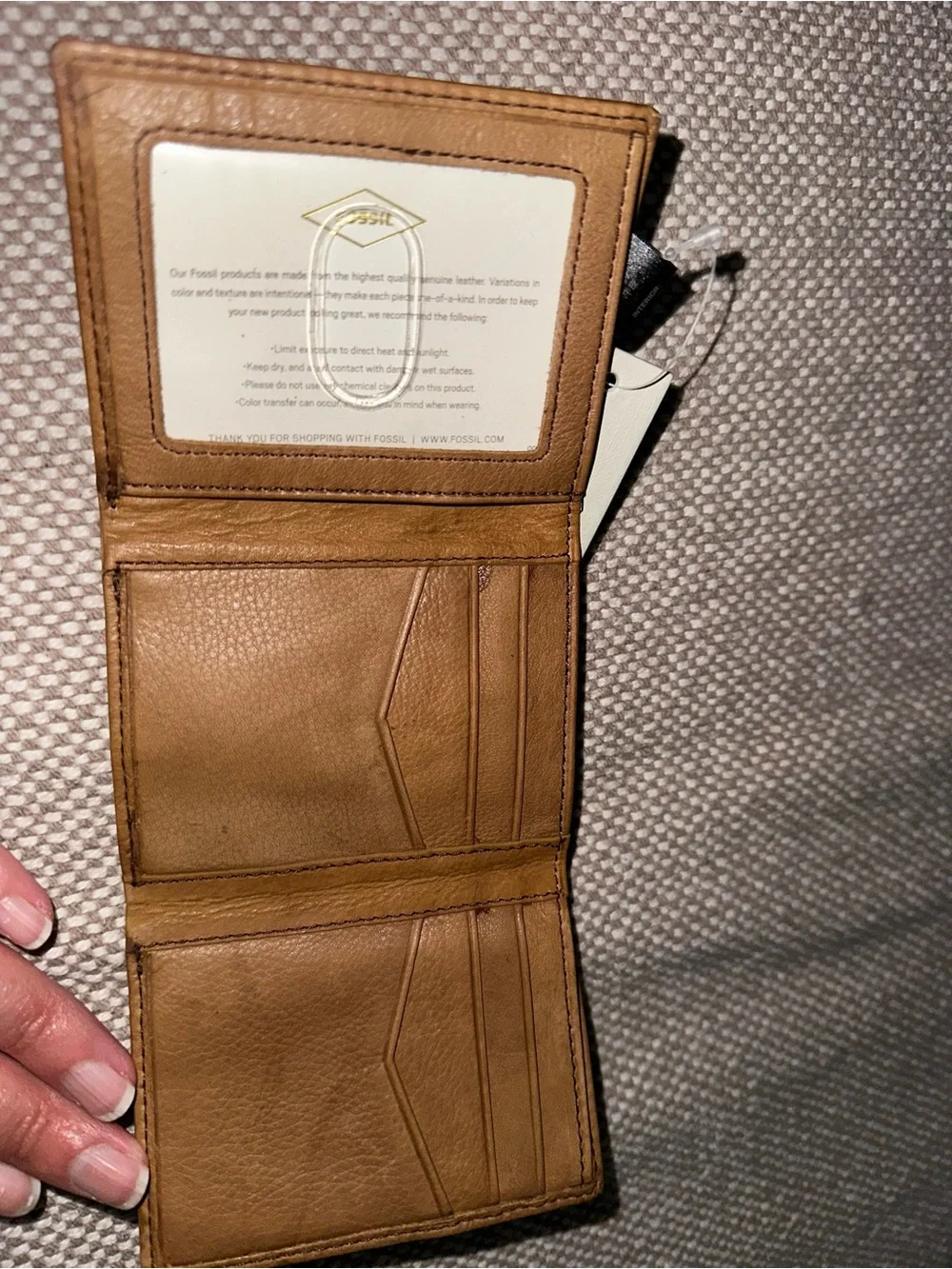 Fossil Tan Leather Trifold Wallet with ID Window